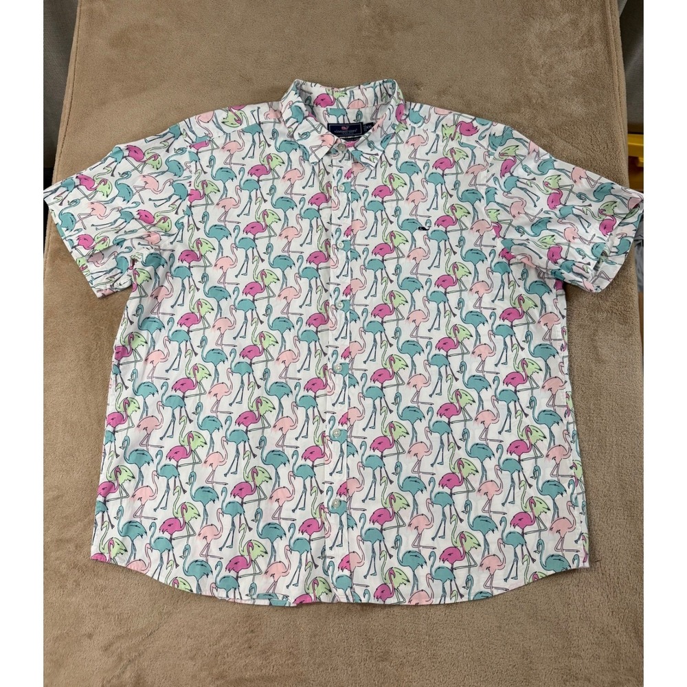 Vineyard Vines Shirt Mens Size XXL Flamingo Print Whale Classic Fit Cotton EUC